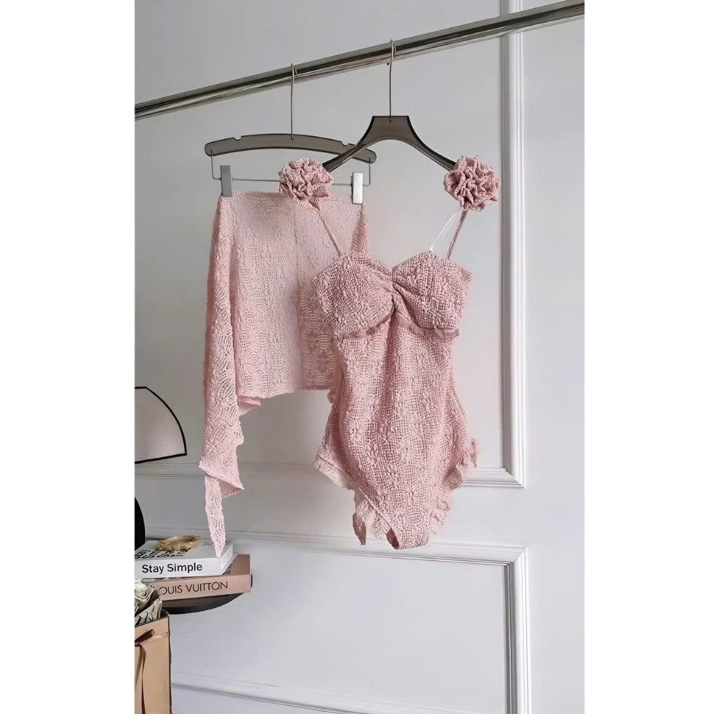 Bộ bikini đồ bơi đi biển liền thân ren hoa 3D kèm khăn choàng cao cấp