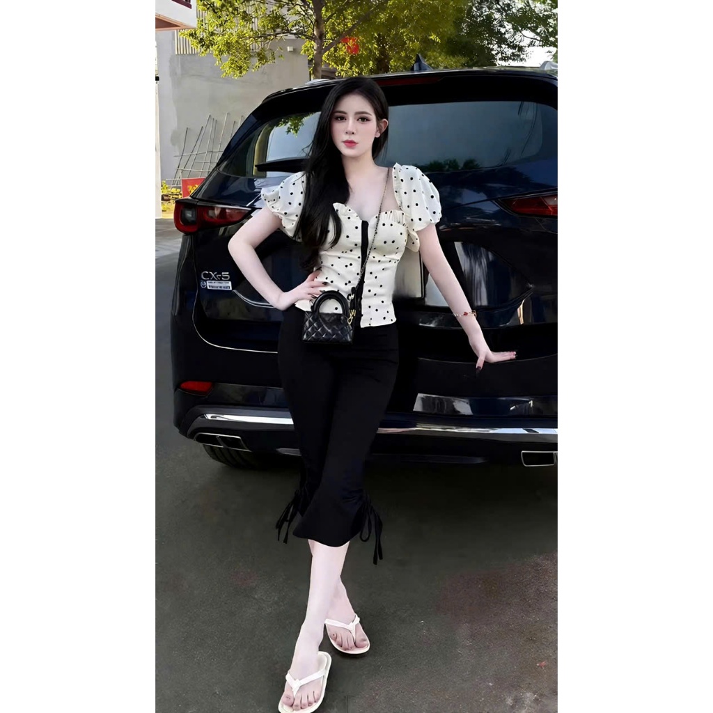 Sét đồ nữ hotrend áo corset trễ vai chấm bi quần ôm bèo lai dây rút - Áo Corset Trễ Vai Chấm Bi Quần Ôm Bèo Lai Dây Rút
