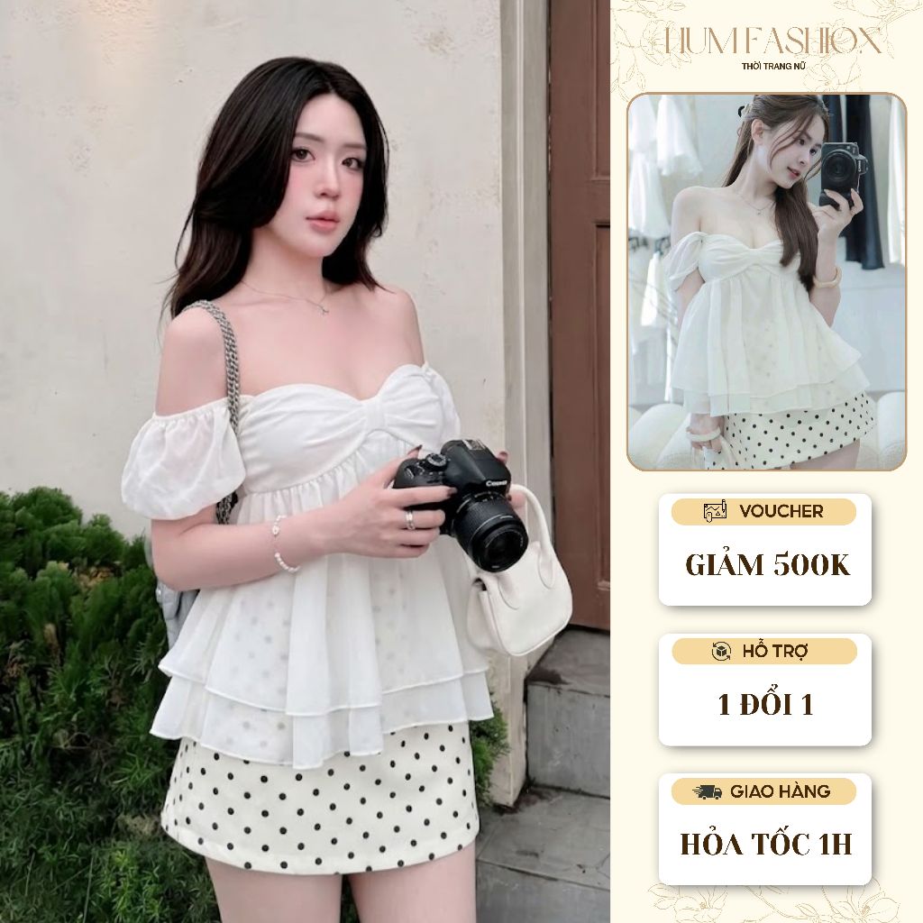 Set áo trễ vai chân váy chấm bi, set babydoll nữ tiểu thư nhẹ nhàng phong cách Hàn Hum Fashion