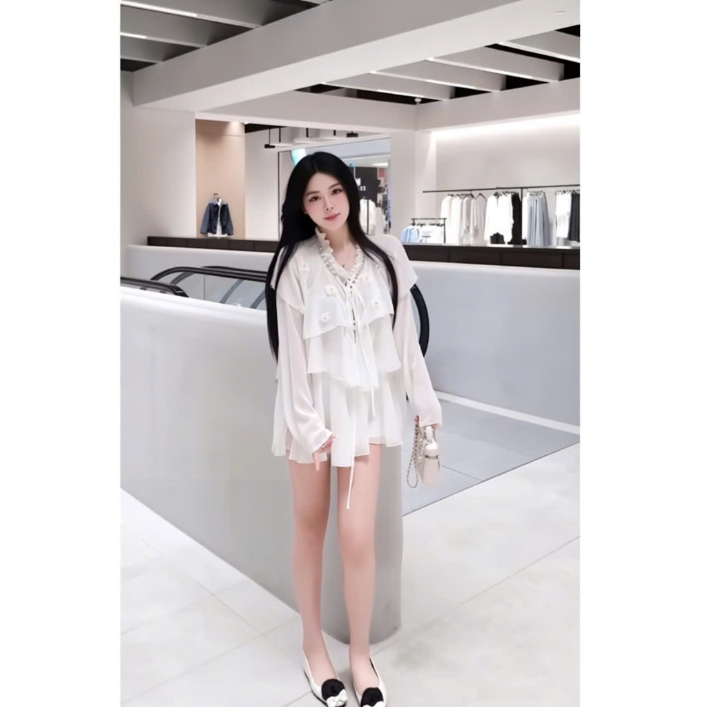 Áo kiểu voan trắng tay loe, áo babydoll nữ tay dài nhẹ nhàng tiểu thư phong cách Hàn Hum Fashion