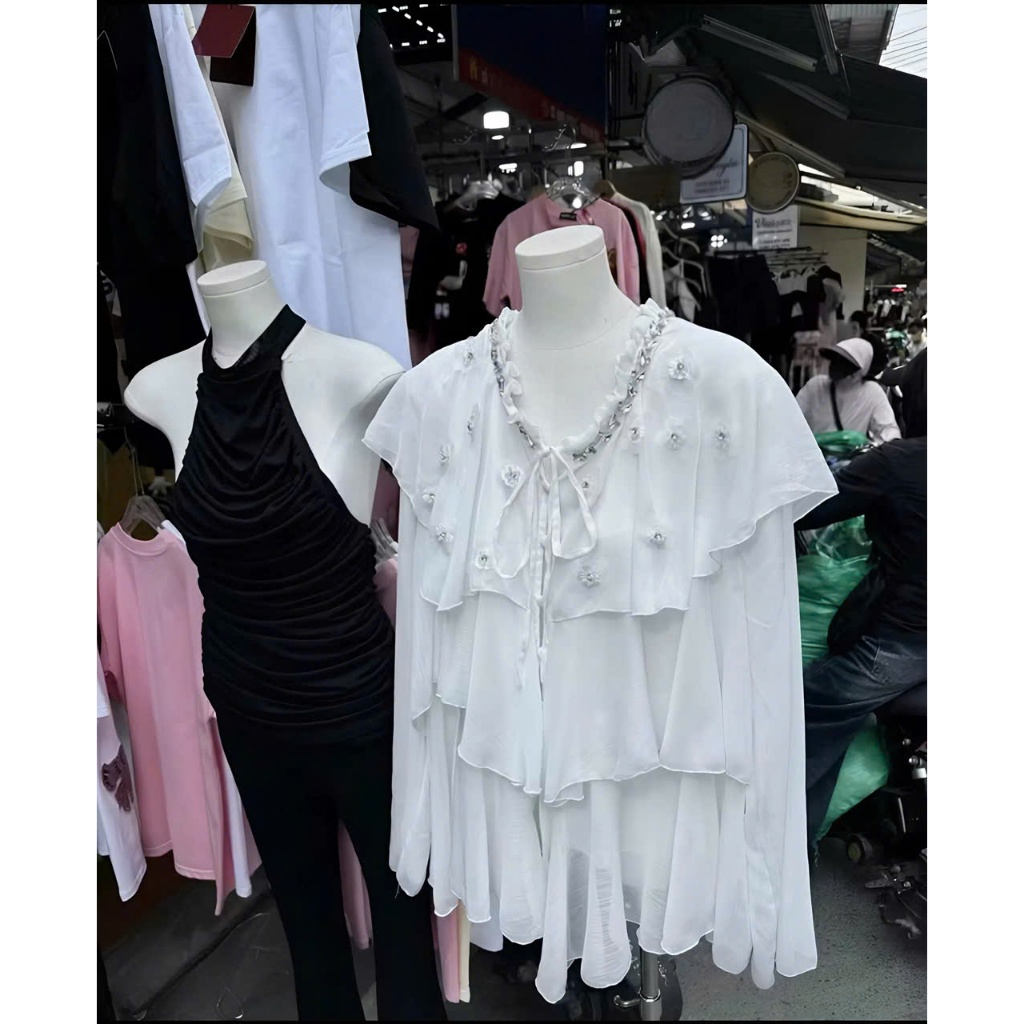 Áo kiểu voan trắng tay loe, áo babydoll nữ tay dài nhẹ nhàng tiểu thư phong cách Hàn Hum Fashion