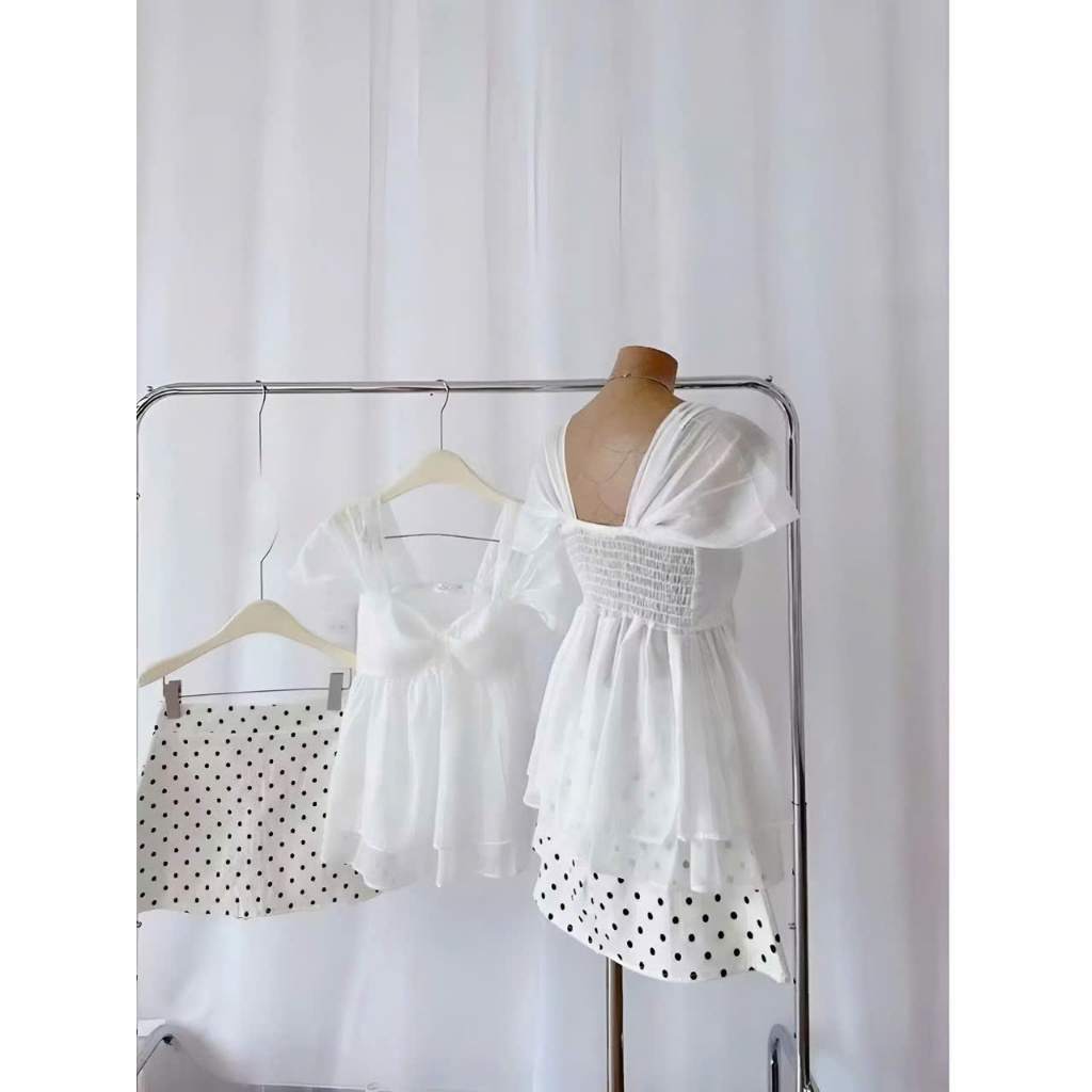 Set áo trễ vai chân váy chấm bi, set babydoll nữ tiểu thư nhẹ nhàng phong cách Hàn Hum Fashion