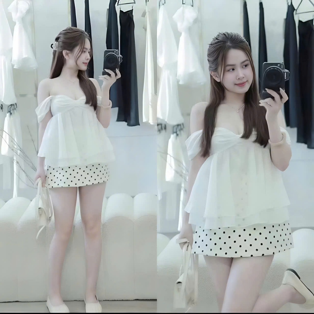 Set áo trễ vai chân váy chấm bi, set babydoll nữ tiểu thư nhẹ nhàng phong cách Hàn Hum Fashion
