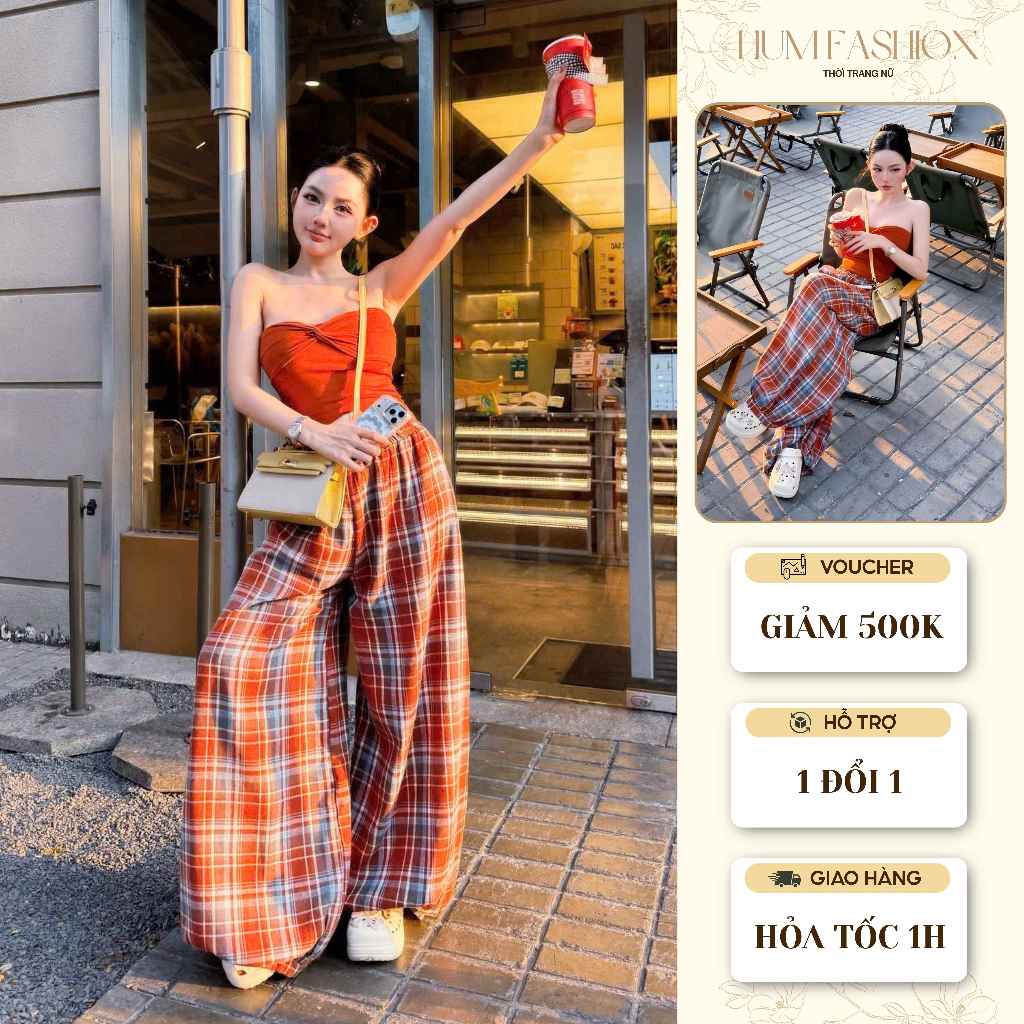 Set áo ống quây quần suông caro, set bộ ống quây quần suông ống rộng đi chơi dạo phố cá tính Hum Fashion