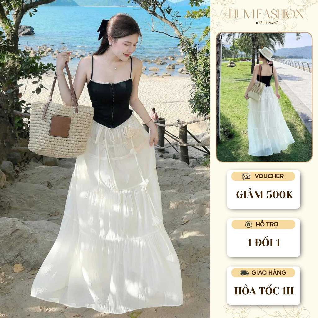 Set váy 2 dây phối chân váy tầng, set bộ đi biển chân váy voan trắng dáng dài Hum Fashion