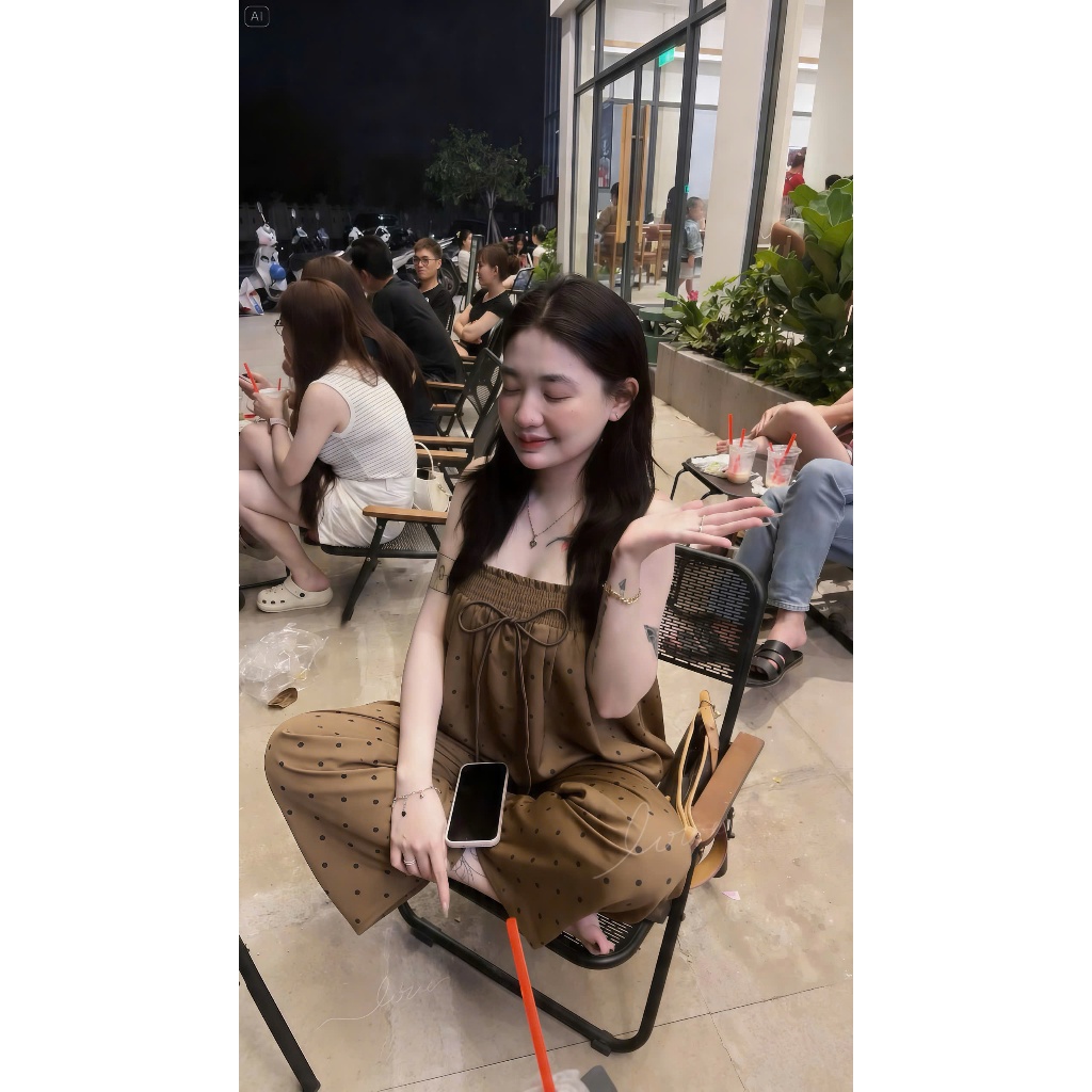 Set đồ bộ chấm bi dây mảnh, set bộ mặc nhà chấm bi quần suông ống rộng Hum Fashion
