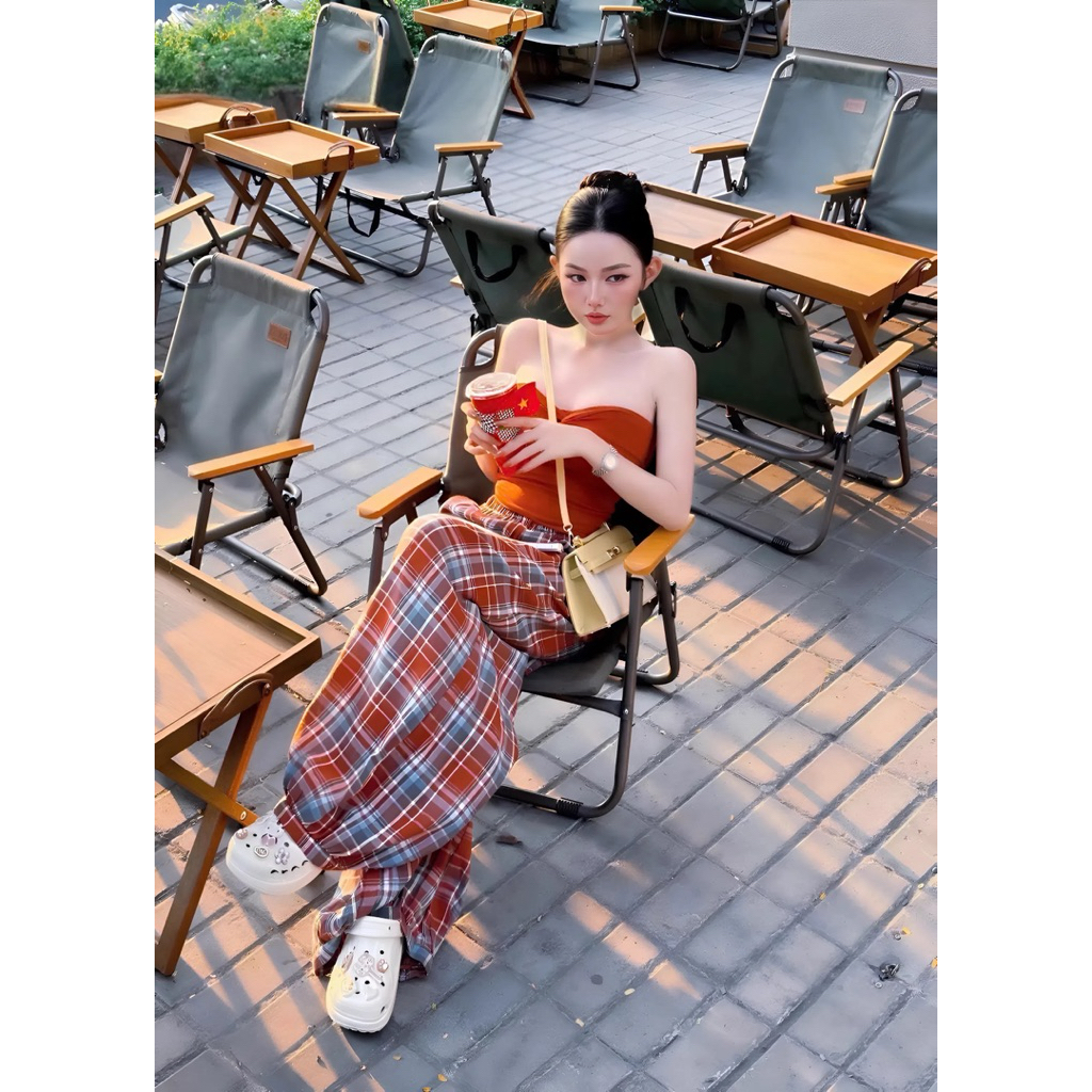 Set áo ống quây quần suông caro, set bộ ống quây quần suông ống rộng đi chơi dạo phố cá tính Hum Fashion