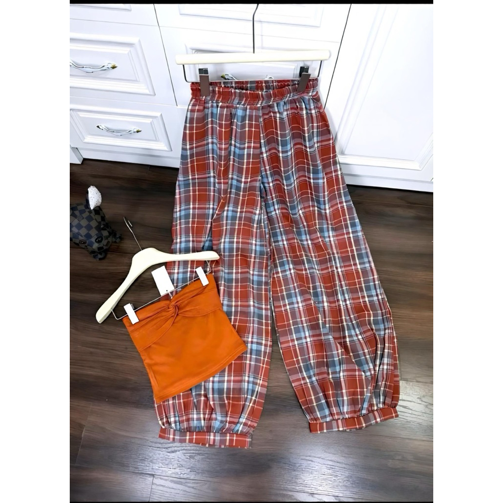 Set áo ống quây quần suông caro, set bộ ống quây quần suông ống rộng đi chơi dạo phố cá tính Hum Fashion