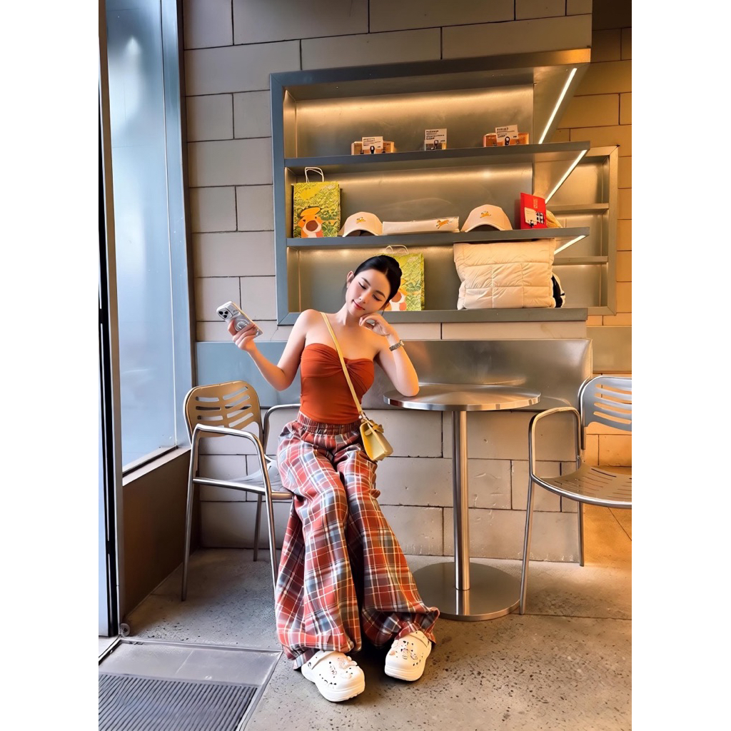Set áo ống quây quần suông caro, set bộ ống quây quần suông ống rộng đi chơi dạo phố cá tính Hum Fashion