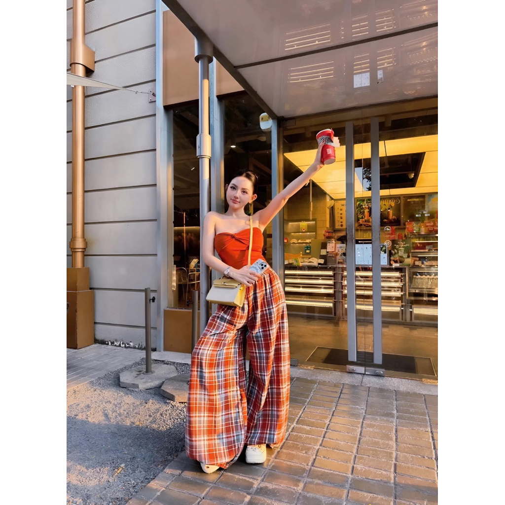 Set áo ống quây quần suông caro, set bộ ống quây quần suông ống rộng đi chơi dạo phố cá tính Hum Fashion