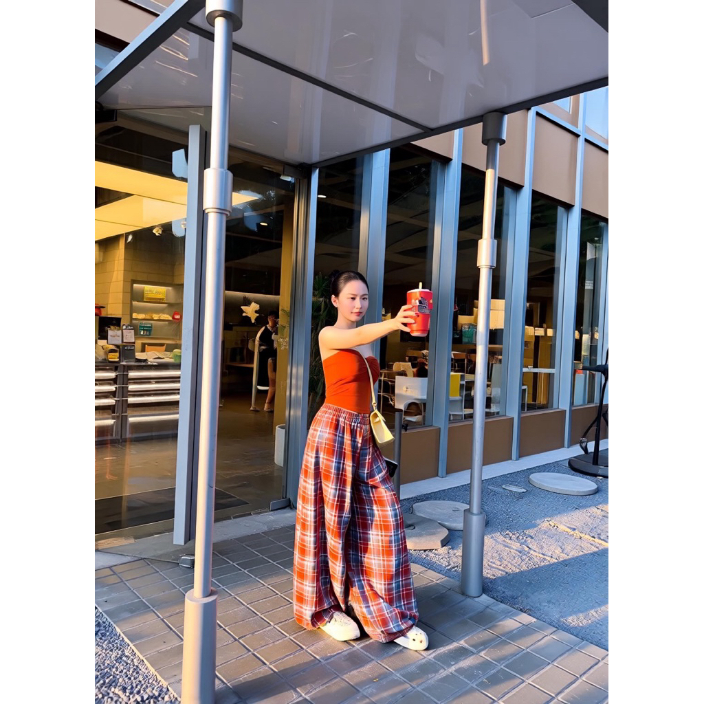 Set áo ống quây quần suông caro, set bộ ống quây quần suông ống rộng đi chơi dạo phố cá tính Hum Fashion