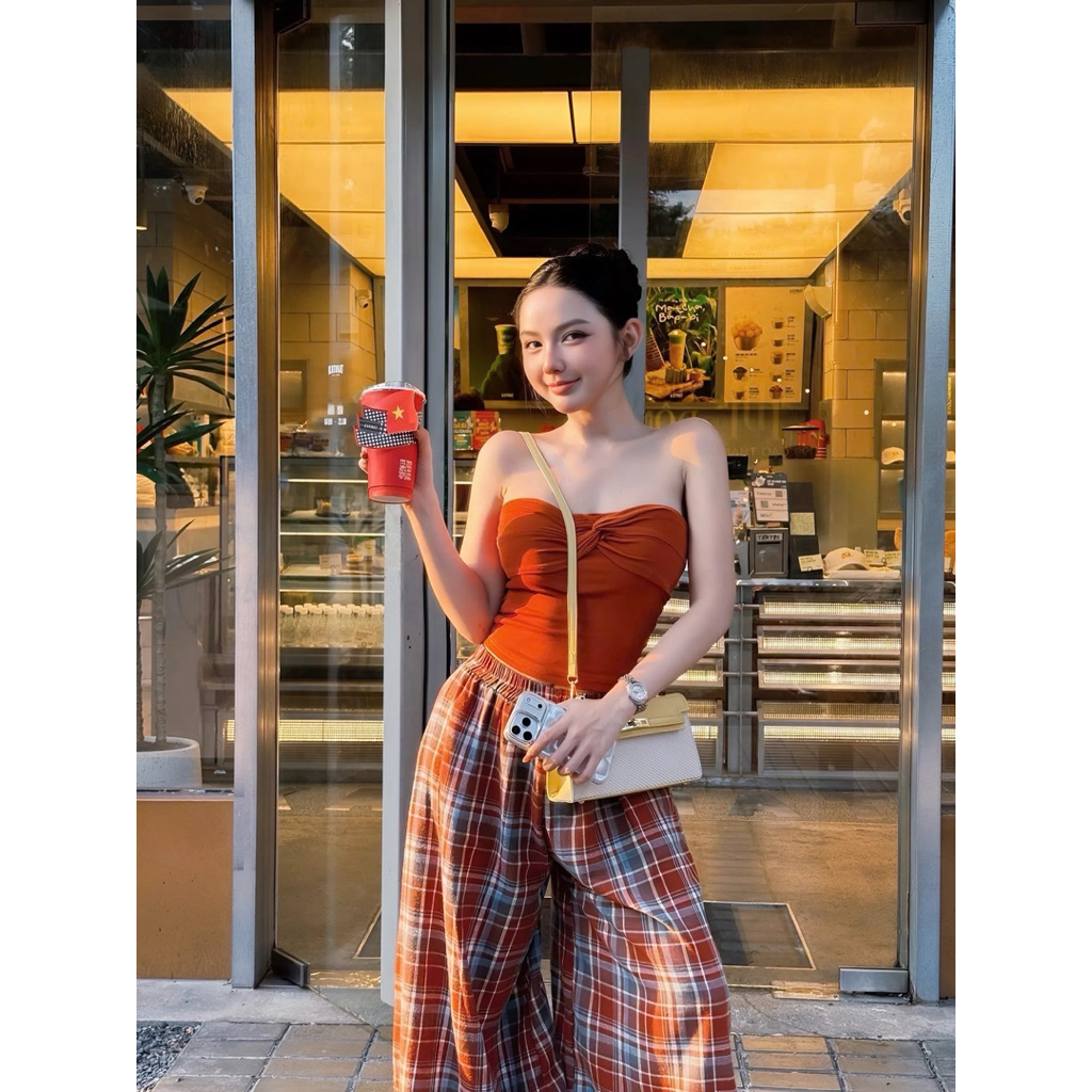 Set áo ống quây quần suông caro, set bộ ống quây quần suông ống rộng đi chơi dạo phố cá tính Hum Fashion