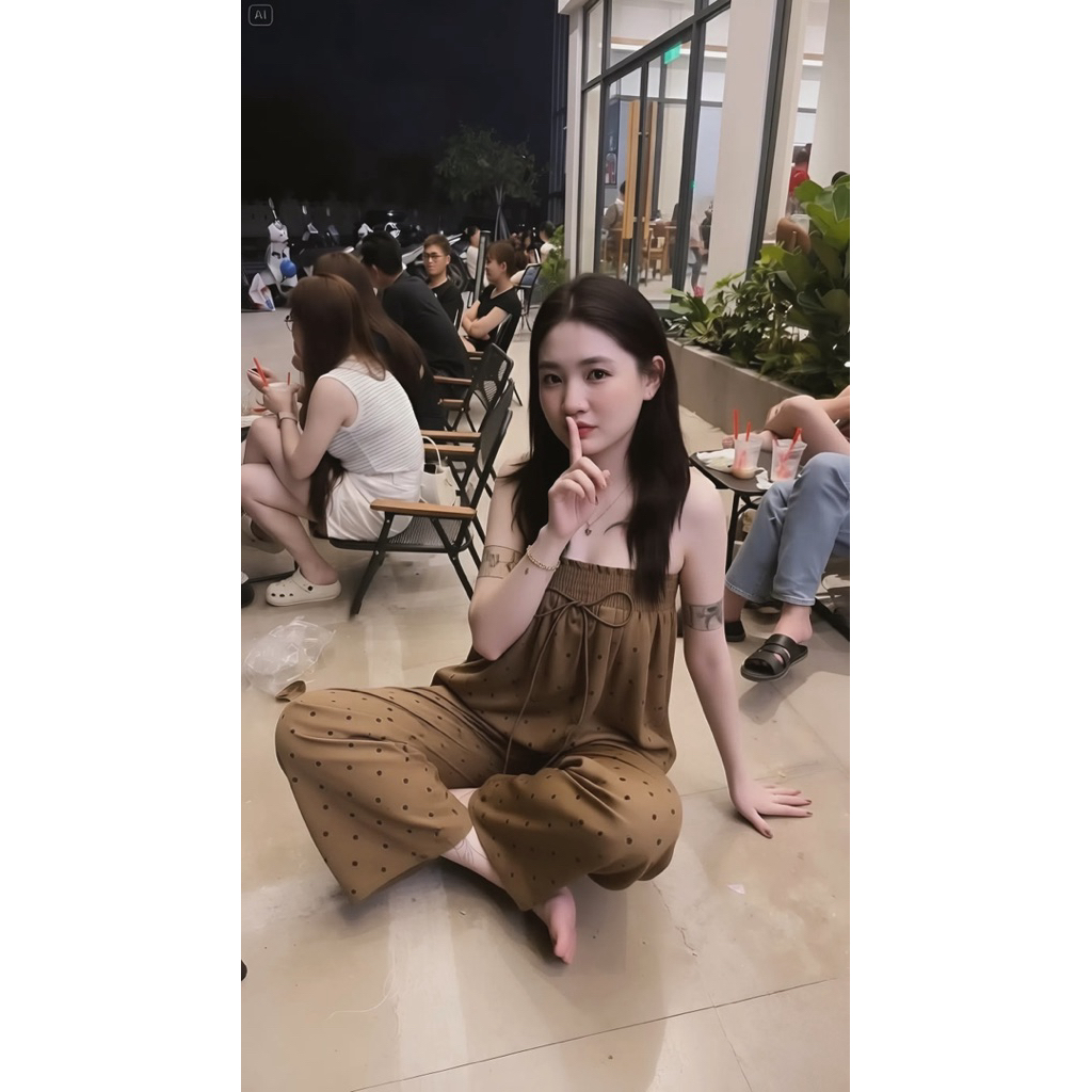 Set đồ bộ chấm bi dây mảnh, set bộ mặc nhà chấm bi quần suông ống rộng Hum Fashion