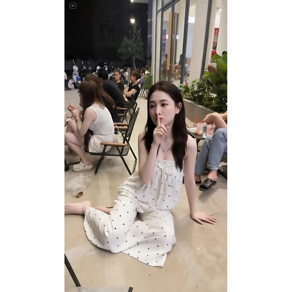 Set đồ bộ chấm bi dây mảnh, set bộ mặc nhà chấm bi quần suông ống rộng Hum Fashion