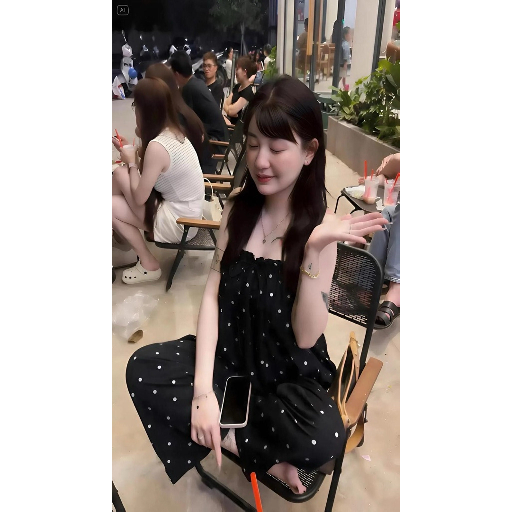 Set đồ bộ chấm bi dây mảnh, set bộ mặc nhà chấm bi quần suông ống rộng Hum Fashion
