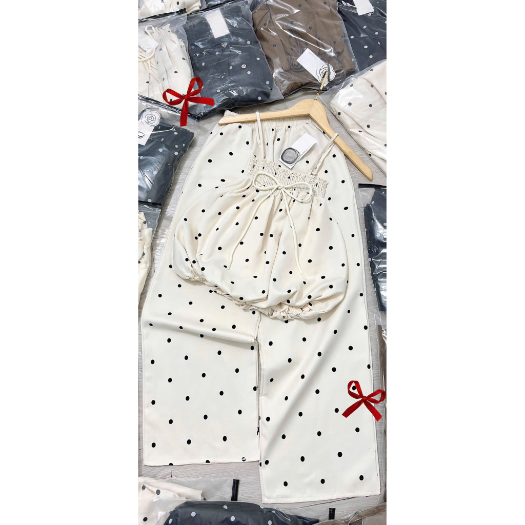 Set đồ bộ chấm bi dây mảnh, set bộ mặc nhà chấm bi quần suông ống rộng Hum Fashion