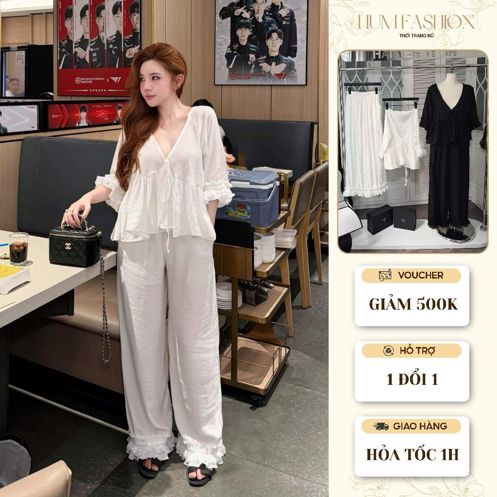 Set bộ đũi tơ phối ren tiểu thư, bộ quần dài áo cổ V bèo nhún cao cấp Hum Fashion