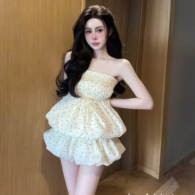 Set váy bí ống quây chấm bi, set bộ áo quây váy bí xoè tầng tiểu thư Hum Fashion