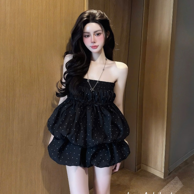 Set váy bí ống quây chấm bi, set bộ áo quây váy bí xoè tầng tiểu thư Hum Fashion
