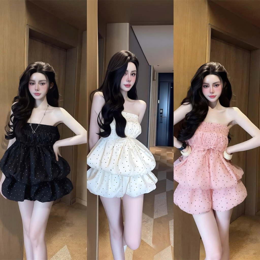 Set váy bí ống quây chấm bi, set bộ áo quây váy bí xoè tầng tiểu thư Hum Fashion