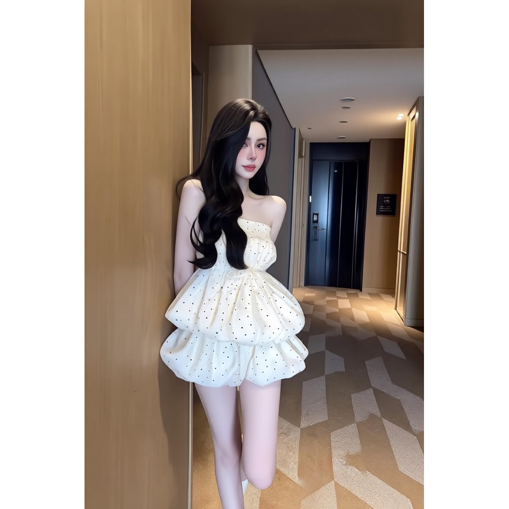 Set váy bí ống quây chấm bi, set bộ áo quây váy bí xoè tầng tiểu thư Hum Fashion
