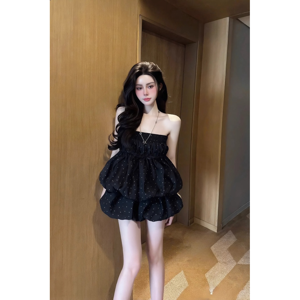 Set váy bí ống quây chấm bi, set bộ áo quây váy bí xoè tầng tiểu thư Hum Fashion