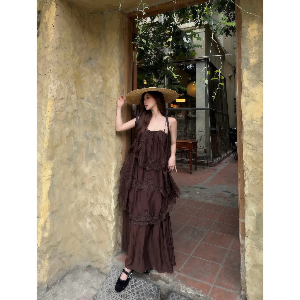Váy maxi 2 dây nhiều tầng, đầm maxi đi biển dáng dài phối ren tiểu thư mùa hè Hum Fashion