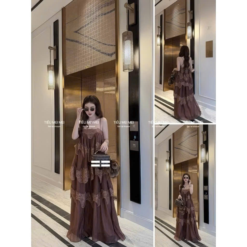 Váy maxi 2 dây nhiều tầng, đầm maxi đi biển dáng dài phối ren tiểu thư mùa hè Hum Fashion