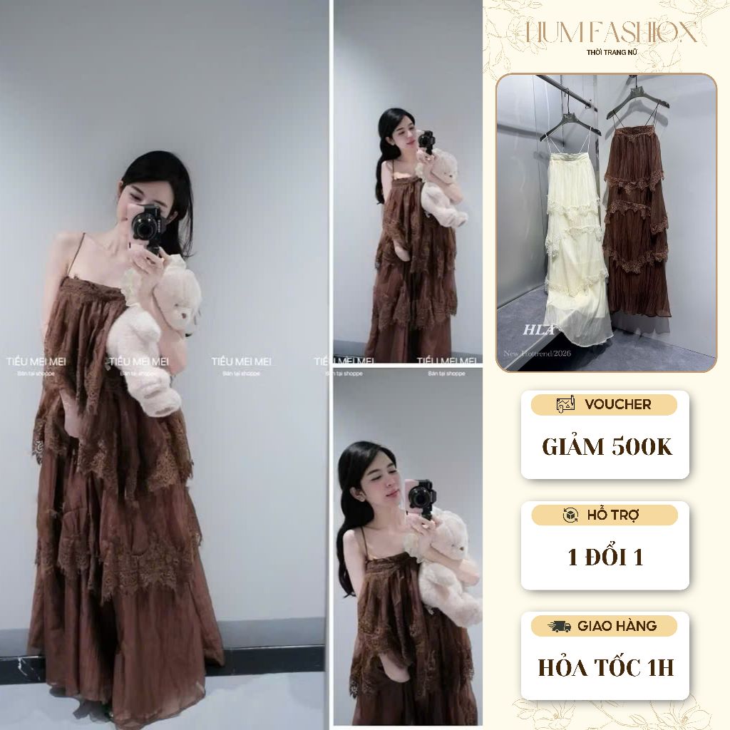 Váy maxi 2 dây nhiều tầng, đầm maxi đi biển dáng dài phối ren tiểu thư mùa hè Hum Fashion