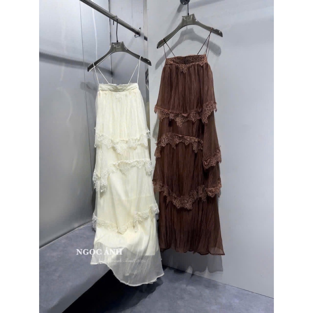 Váy maxi 2 dây nhiều tầng, đầm maxi đi biển dáng dài phối ren tiểu thư mùa hè Hum Fashion