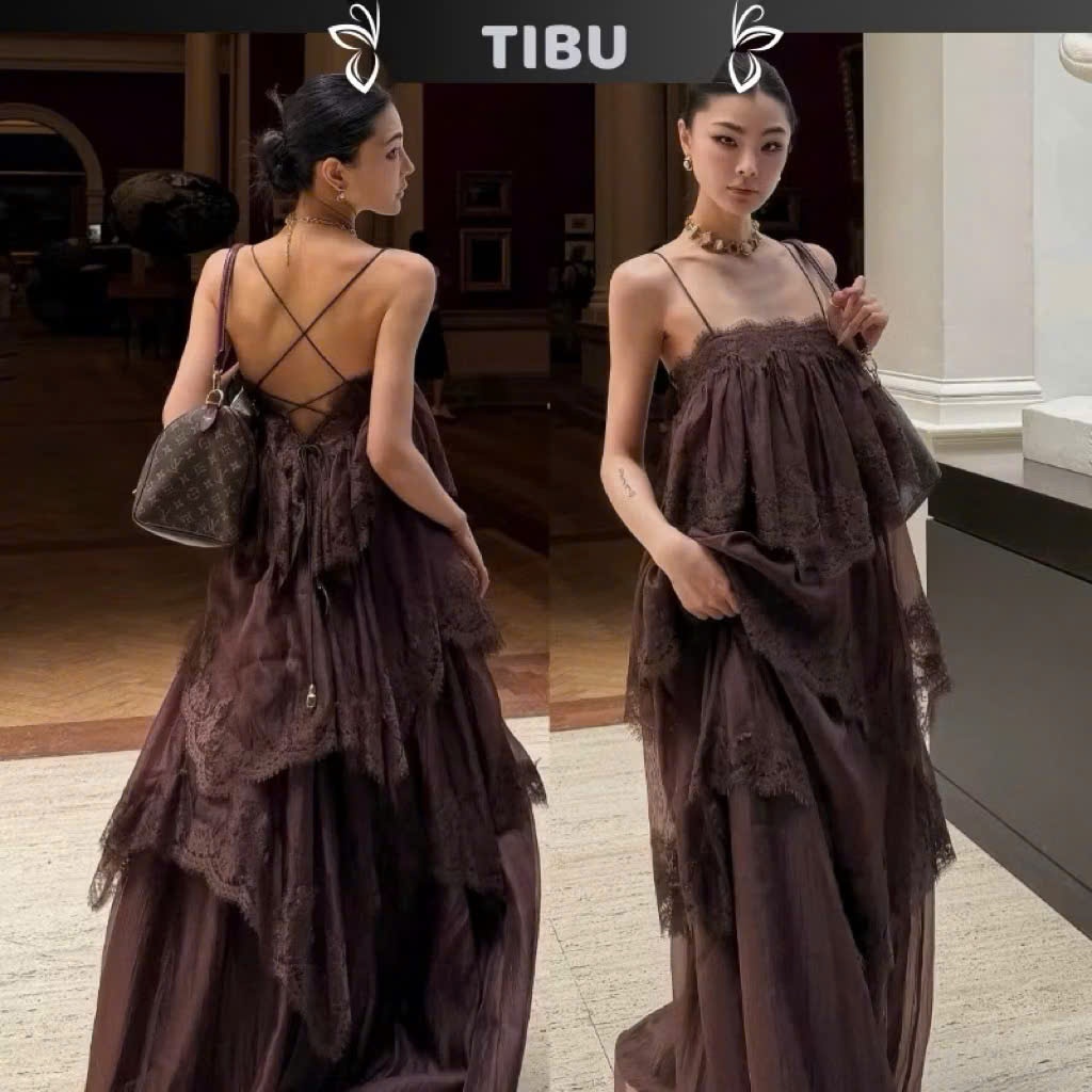 Váy maxi 2 dây nhiều tầng, đầm maxi đi biển dáng dài phối ren tiểu thư mùa hè Hum Fashion