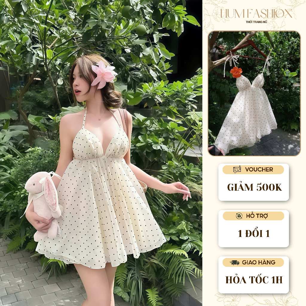 Set áo cúp ngực chấm bi nhẹ nhàng, nàng thơ đi chụp ảnh đi chơi đi biển