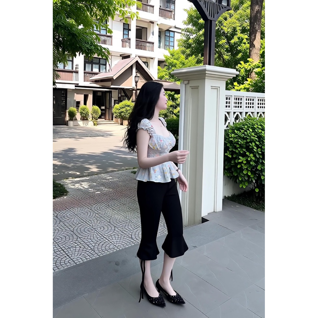 Set bộ áo hoa nhí tay bồng, set bộ quần lửng ống loe phối áo peplum hoa nhí Hum Fashion