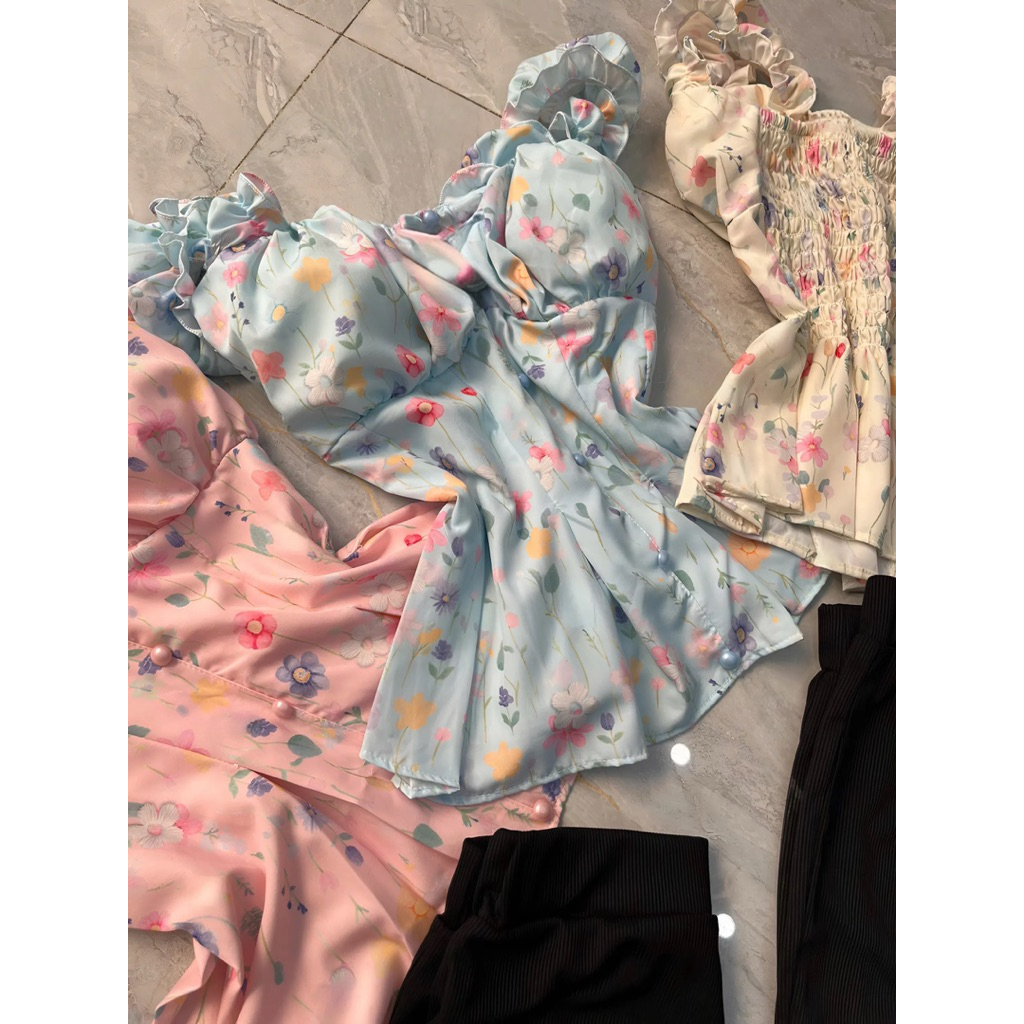 Set bộ áo hoa nhí tay bồng, set bộ quần lửng ống loe phối áo peplum hoa nhí Hum Fashion
