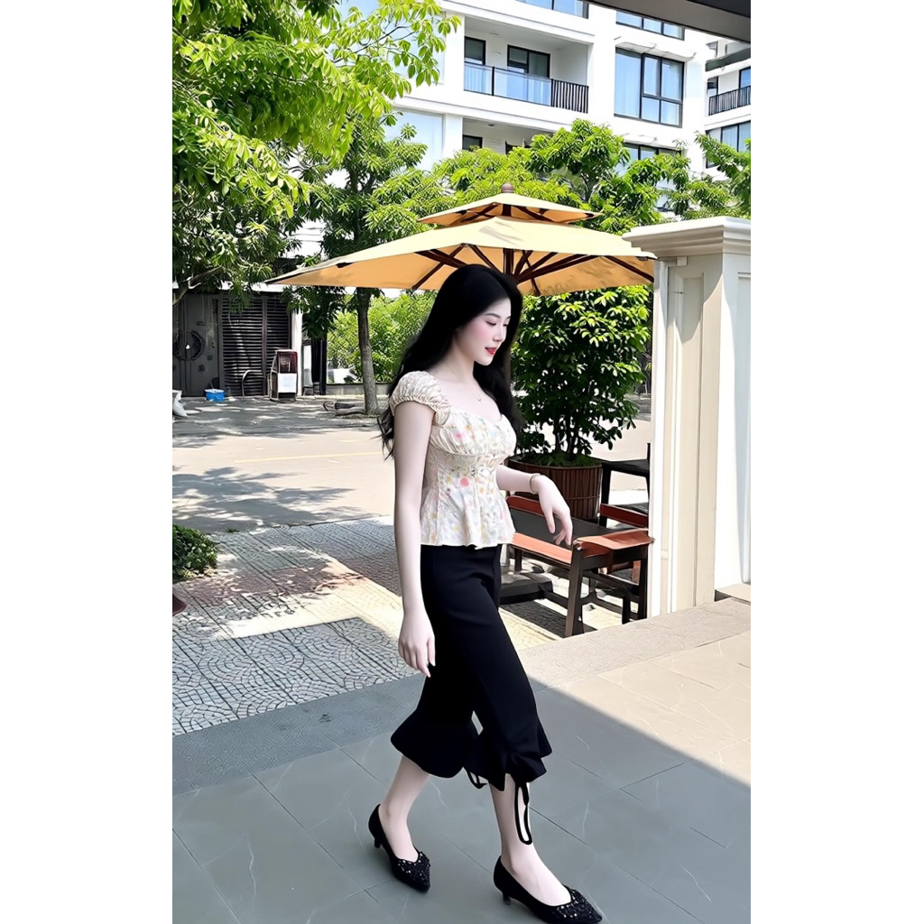 Set bộ áo hoa nhí tay bồng, set bộ quần lửng ống loe phối áo peplum hoa nhí Hum Fashion