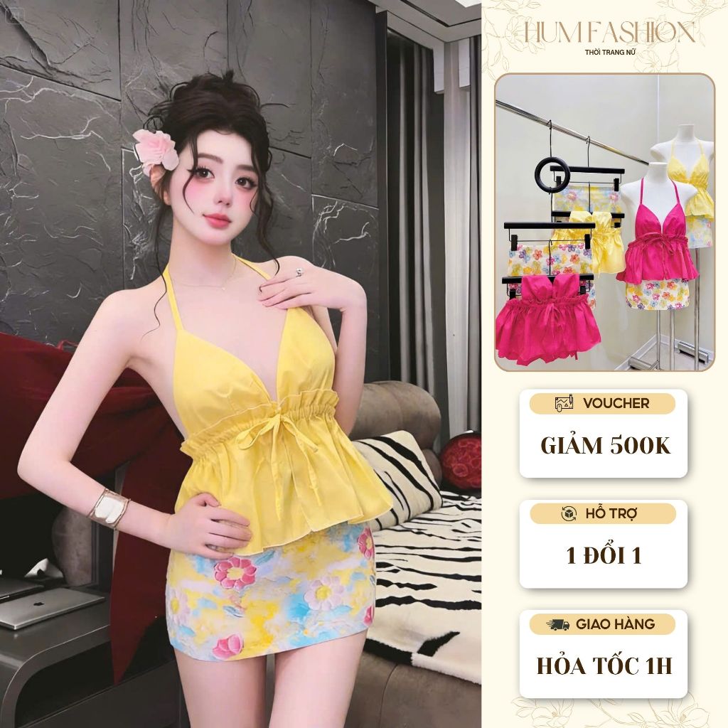 Set áo 2 dây phối chân váy hoa, set bộ áo yếm hở lưng kèm chân váy ngắn đi biển Hum Fashion