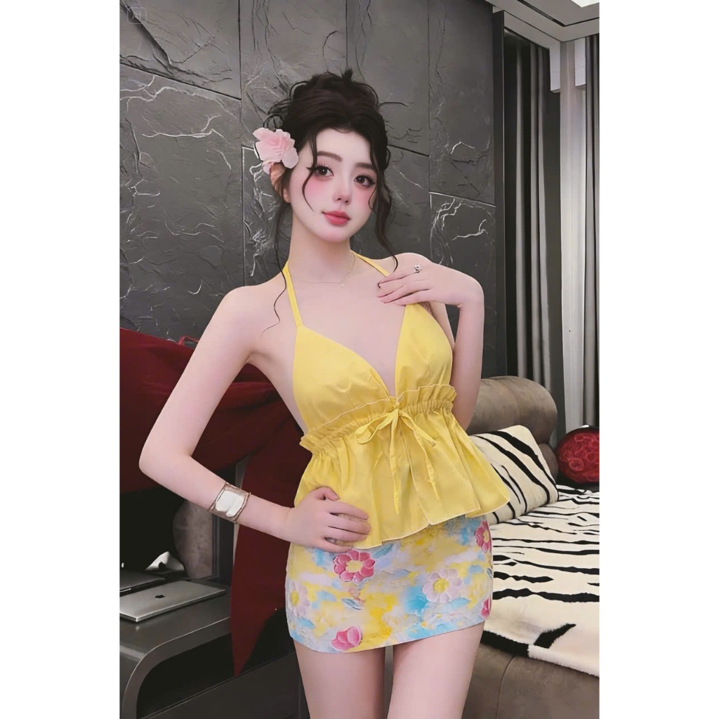 Set áo 2 dây phối chân váy hoa, set bộ áo yếm hở lưng kèm chân váy ngắn đi biển Hum Fashion