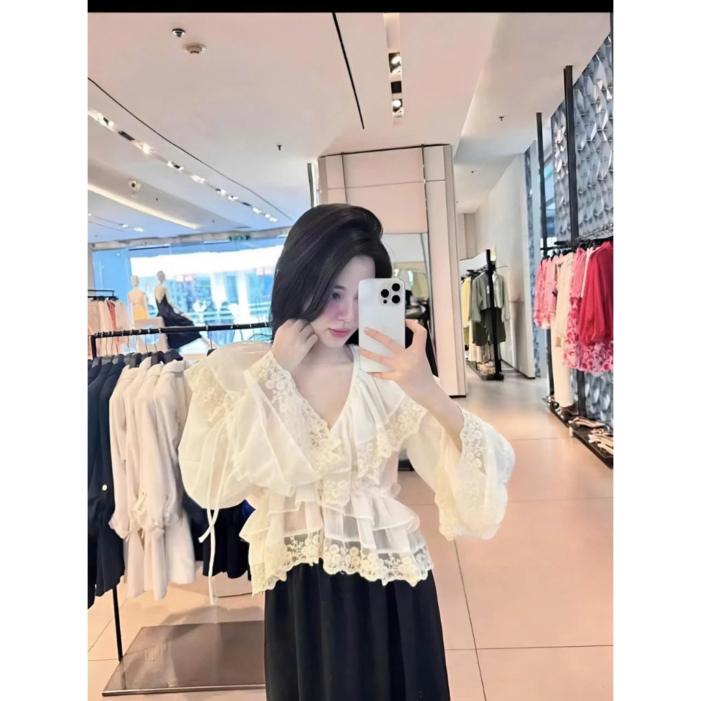 Áo babydoll nữ hot trend hè 2026, áo bèo cổ tay dài phối ren xinh xắn