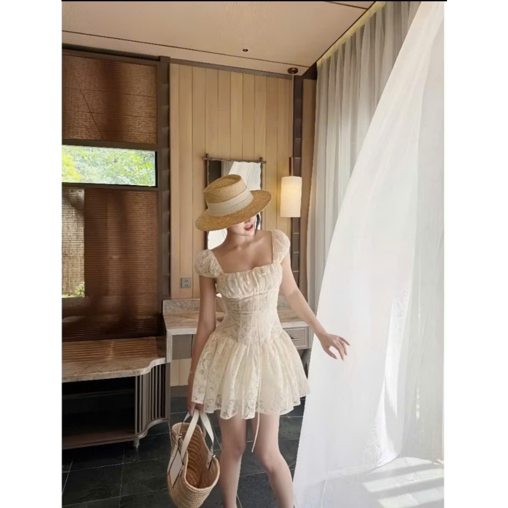 Váy ren hoa chiết eo bồng xoè, váy nữ tiểu thư nhẹ nhàng phong cách Hàn quốc kèm quần bảo hộ