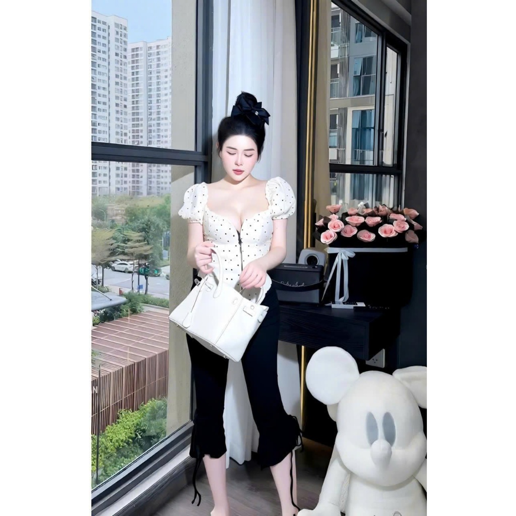 Áo kiểu cúp ngực chấm bi tay phồng, áo cổ vuông nữ tiểu thư sang chảnh