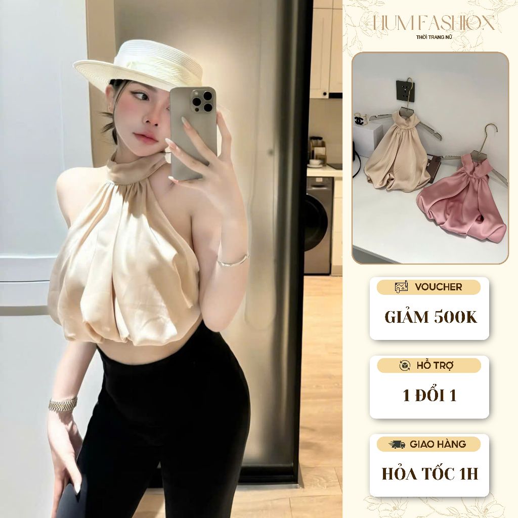 Áo cổ yếm dáng bí bồng, áo yếm lụa bo gấu dáng ngắn quyến rũ sang chảnh Hum Fashion