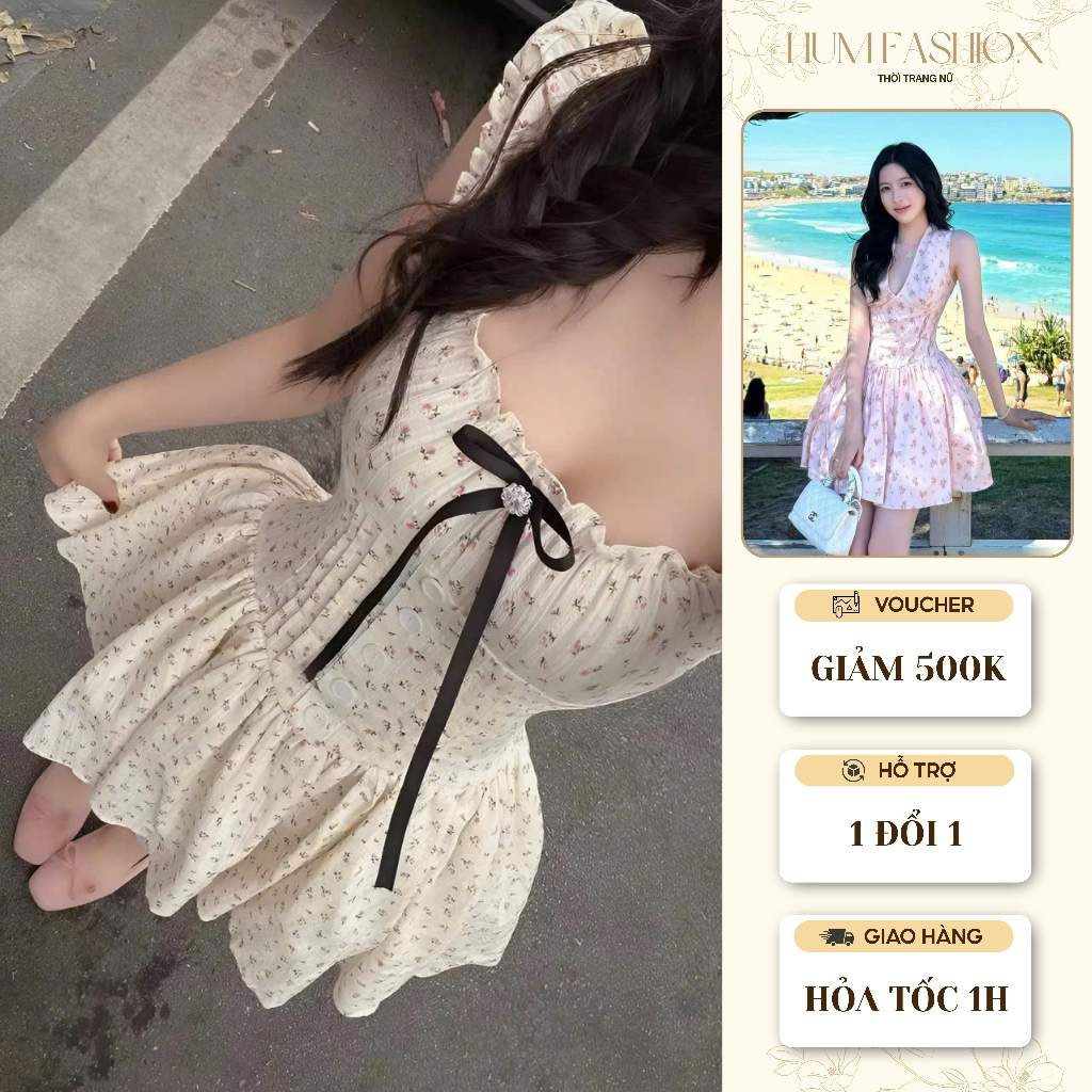Váy đầm xòe hoa nhí cúp ngực, Váy đầm hoa nhí dáng ngắn phối nơ tiểu thư ngọt ngào Hum Fashion