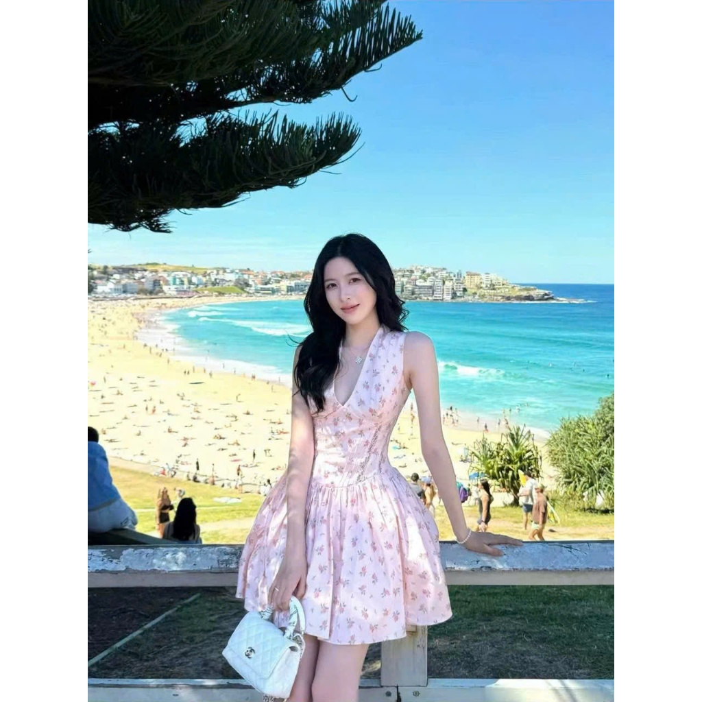 Váy đầm xòe hoa nhí cúp ngực, Váy đầm hoa nhí dáng ngắn phối nơ tiểu thư ngọt ngào Hum Fashion