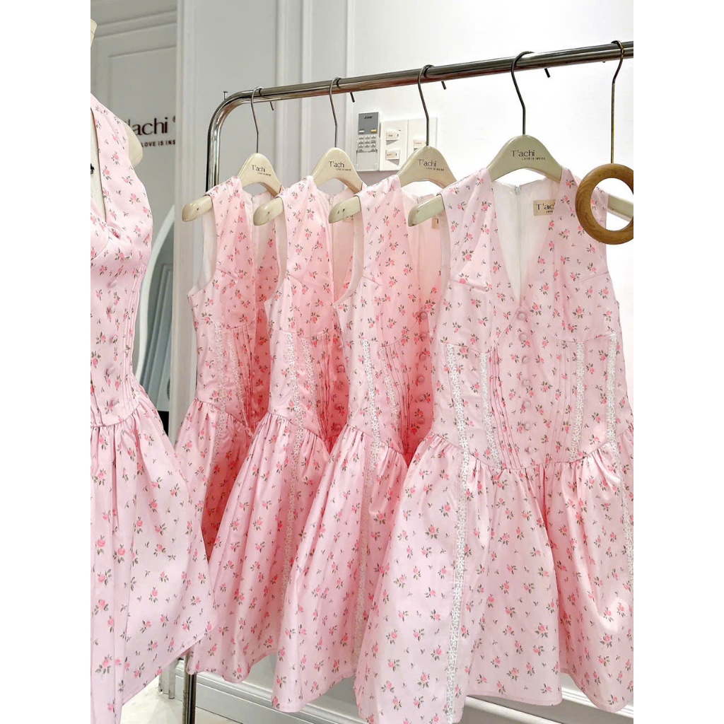 Váy đầm xòe hoa nhí cúp ngực, Váy đầm hoa nhí dáng ngắn phối nơ tiểu thư ngọt ngào Hum Fashion