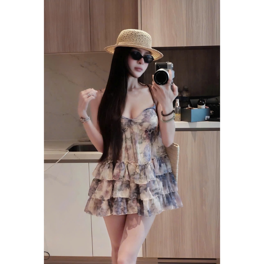 Váy 2 dây xếp ly tầng, váy hai dây dáng ngắn phối nơ bèo nhún tiểu thư Hum Fashion