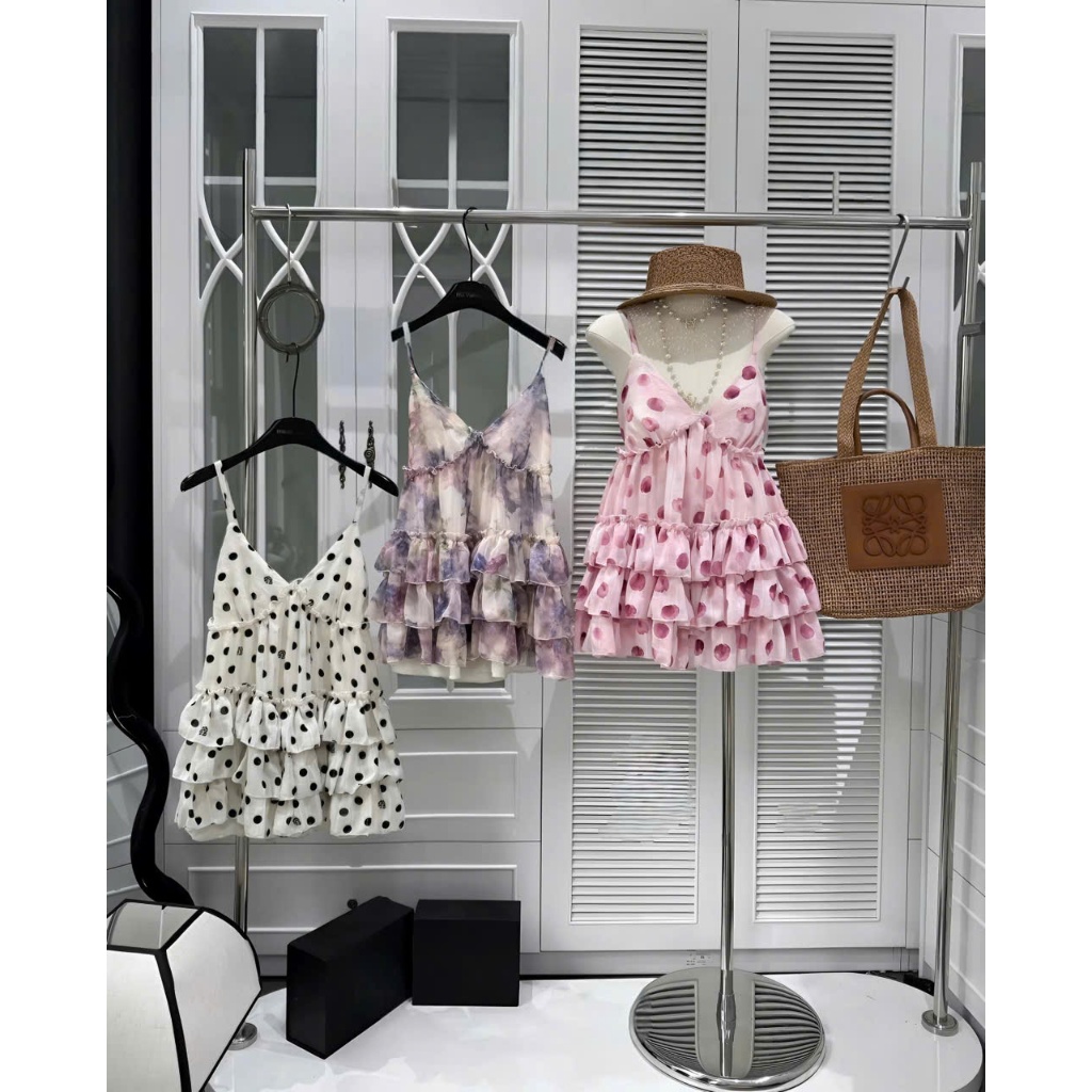 Váy 2 dây xếp ly tầng, váy hai dây dáng ngắn phối nơ bèo nhún tiểu thư Hum Fashion