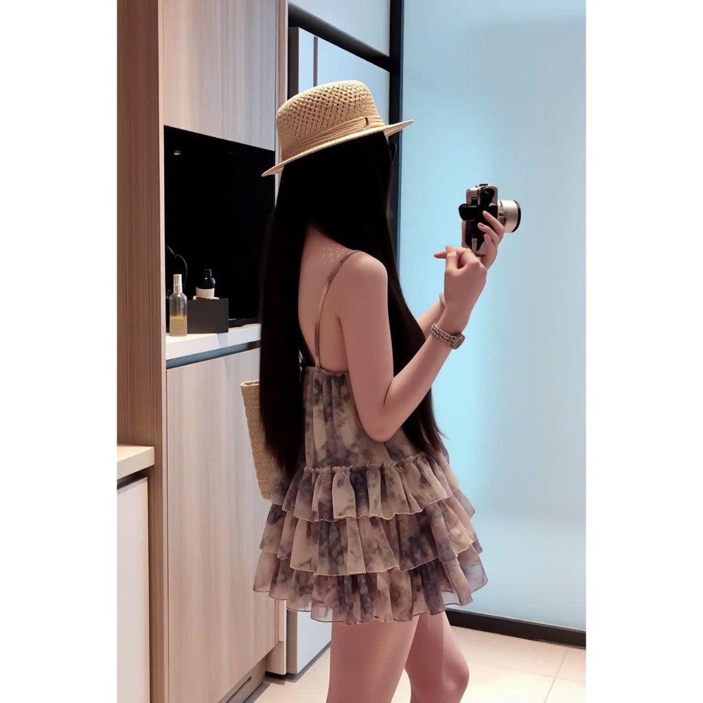 Váy 2 dây xếp ly tầng, váy hai dây dáng ngắn phối nơ bèo nhún tiểu thư Hum Fashion