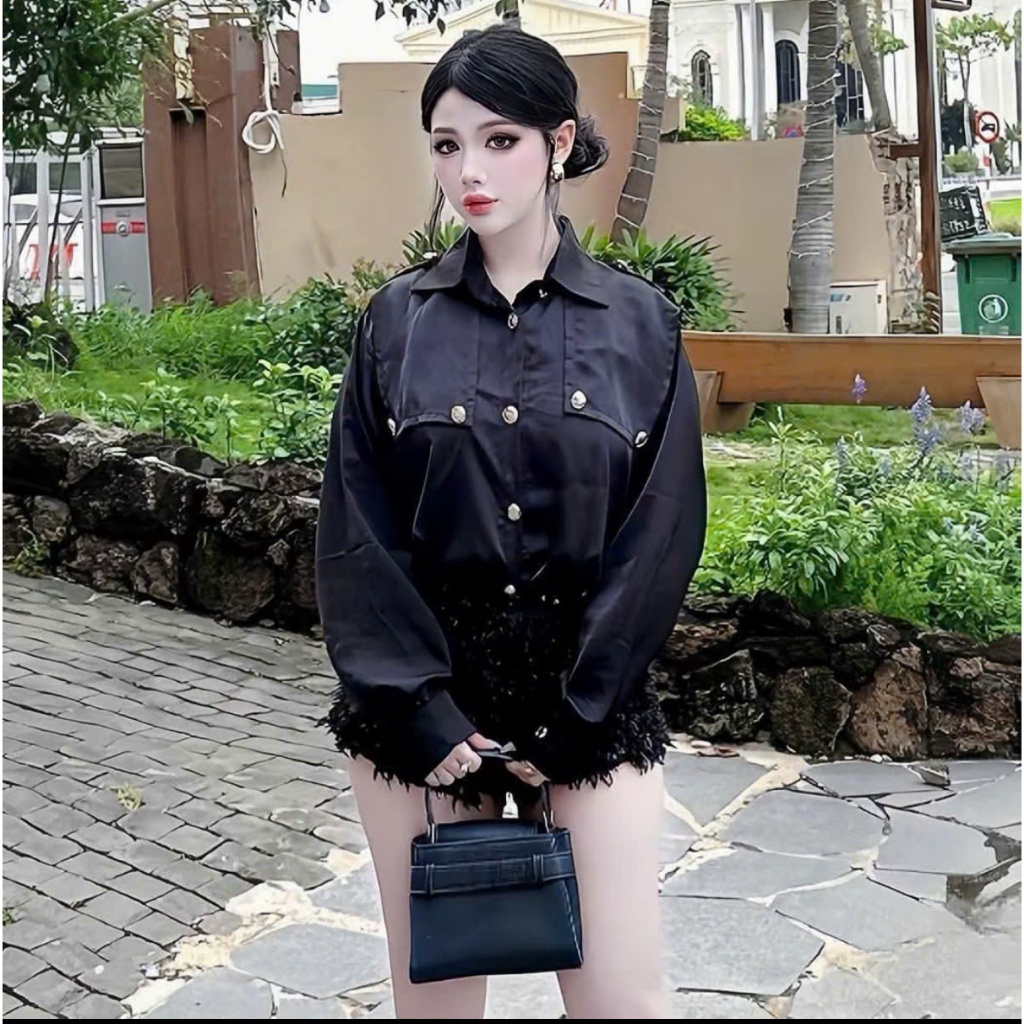 Set áo sơ mi kèm quần đùi, set bộ sơ mi peplum ngắn tay kèm quần short ống rộng Hum Fashion