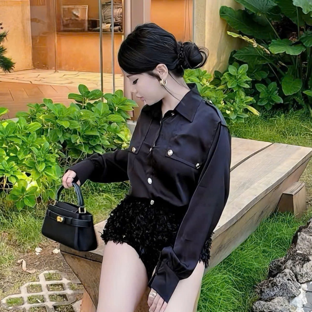 Set áo sơ mi kèm quần đùi, set bộ sơ mi peplum ngắn tay kèm quần short ống rộng Hum Fashion