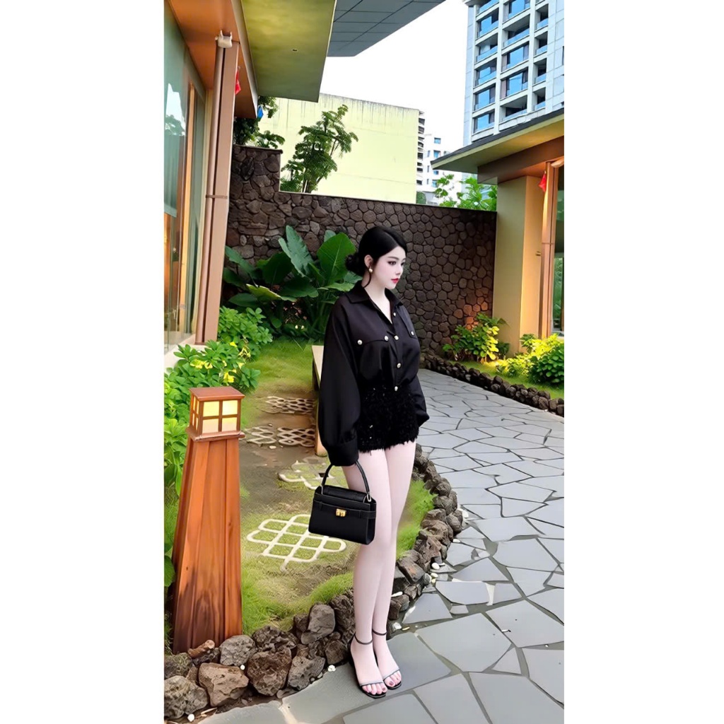 Set áo sơ mi kèm quần đùi, set bộ sơ mi peplum ngắn tay kèm quần short ống rộng Hum Fashion
